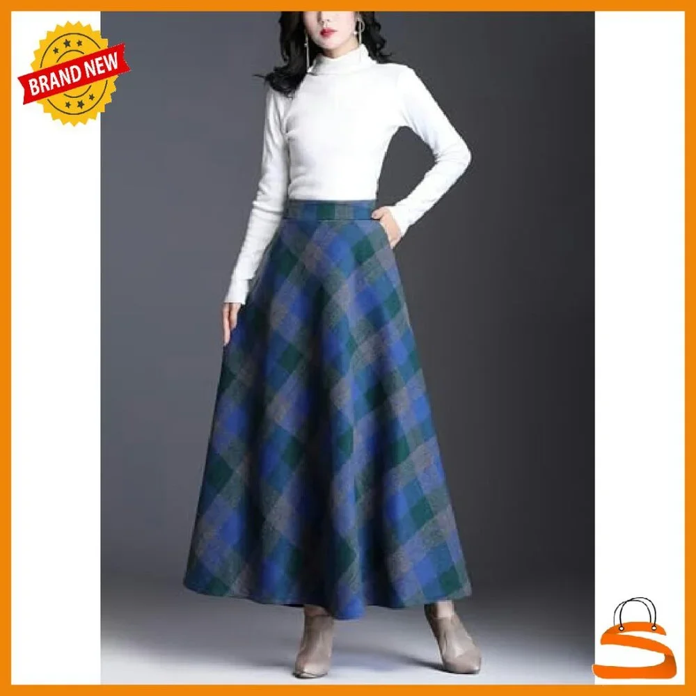 Wool Plaid Maxi Skirt High Waist A-Line Pleated with Pockets - Picture 3 of 6